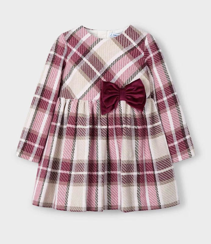 Girls Cherry Check Dress with Velvet Bow 4924