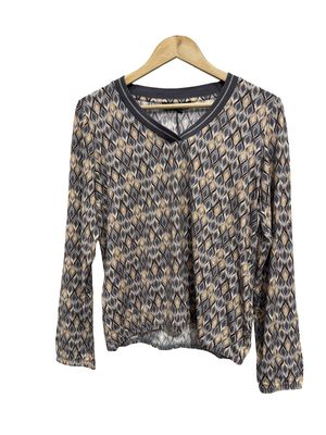 V Neck Graphic Print Blouse Shirt in Grey/Beige