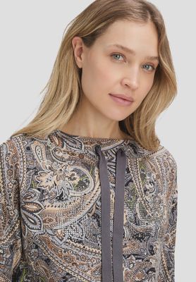 Paisley Pattern Drawstring Collar Sweatshirt in Grey/Beige