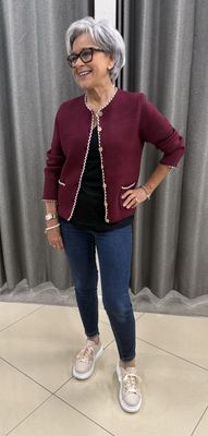 Burgundy Buttoned Jacket with Braid Trim DM180