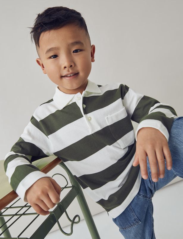 Boys Long Sleeved Striped Polo Shirt 4119 - Olive
