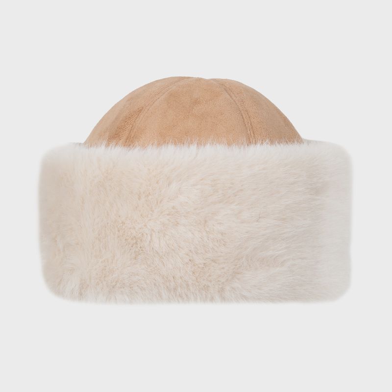 Women&#39;s Faux Suede Hat with Faux Fur Brim - Natural/Camel