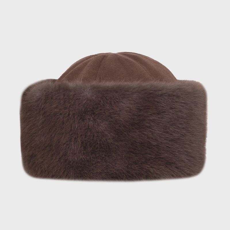 Women&#39;s Faux Suede Hat with Faux Fur Brim - Chocolate