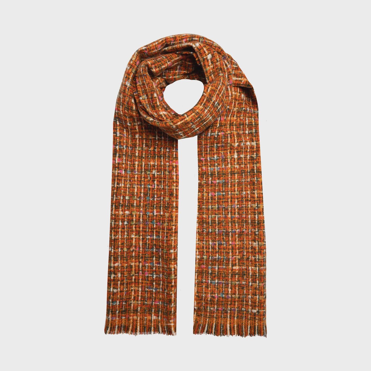 Women&#39;s Woven Scarf with Metallic Yarn and Fringe Edges - Pumpkin