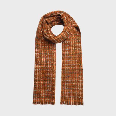 Women's Woven Scarf with Metallic Yarn and Fringe Edges - Pumpkin