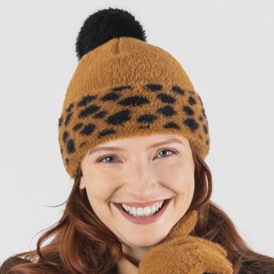 Women's Feather Yarn Bobble Hat with Faux Fur Pom Pom - Tan
