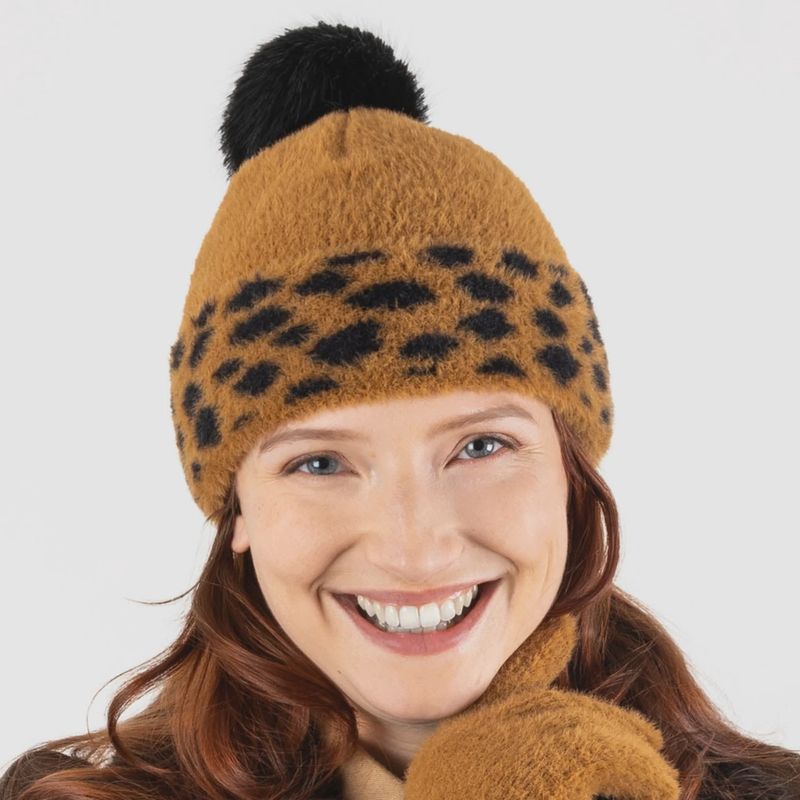 Women&#39;s Feather Yarn Bobble Hat with Faux Fur Pom Pom - Tan