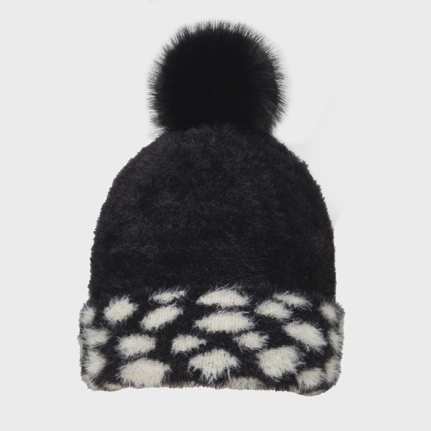 Women&#39;s Feather Yarn Bobble Hat with Faux Fur Pom Pom - Black