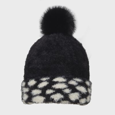 Women's Feather Yarn Bobble Hat with Faux Fur Pom Pom - Black