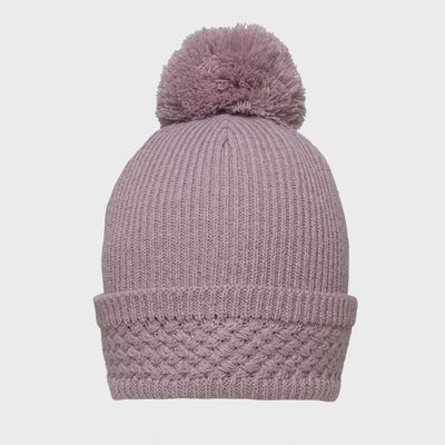 Women's Bobble Hat with Metallic Yarn and Yarn Pom Pom - Lilac