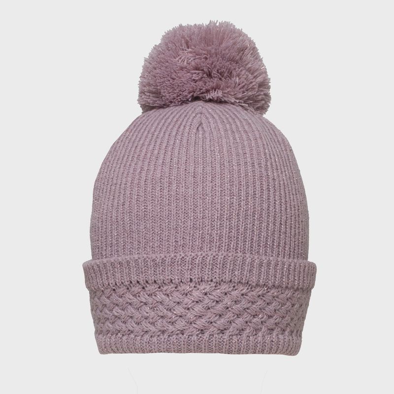 Women's Bobble Hat with Metallic Yarn and Yarn Pom Pom - Lilac