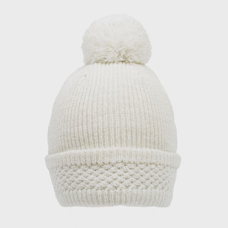 Women&#39;s Bobble Hat with Metallic Yarn and Yarn Pom Pom - Winter White