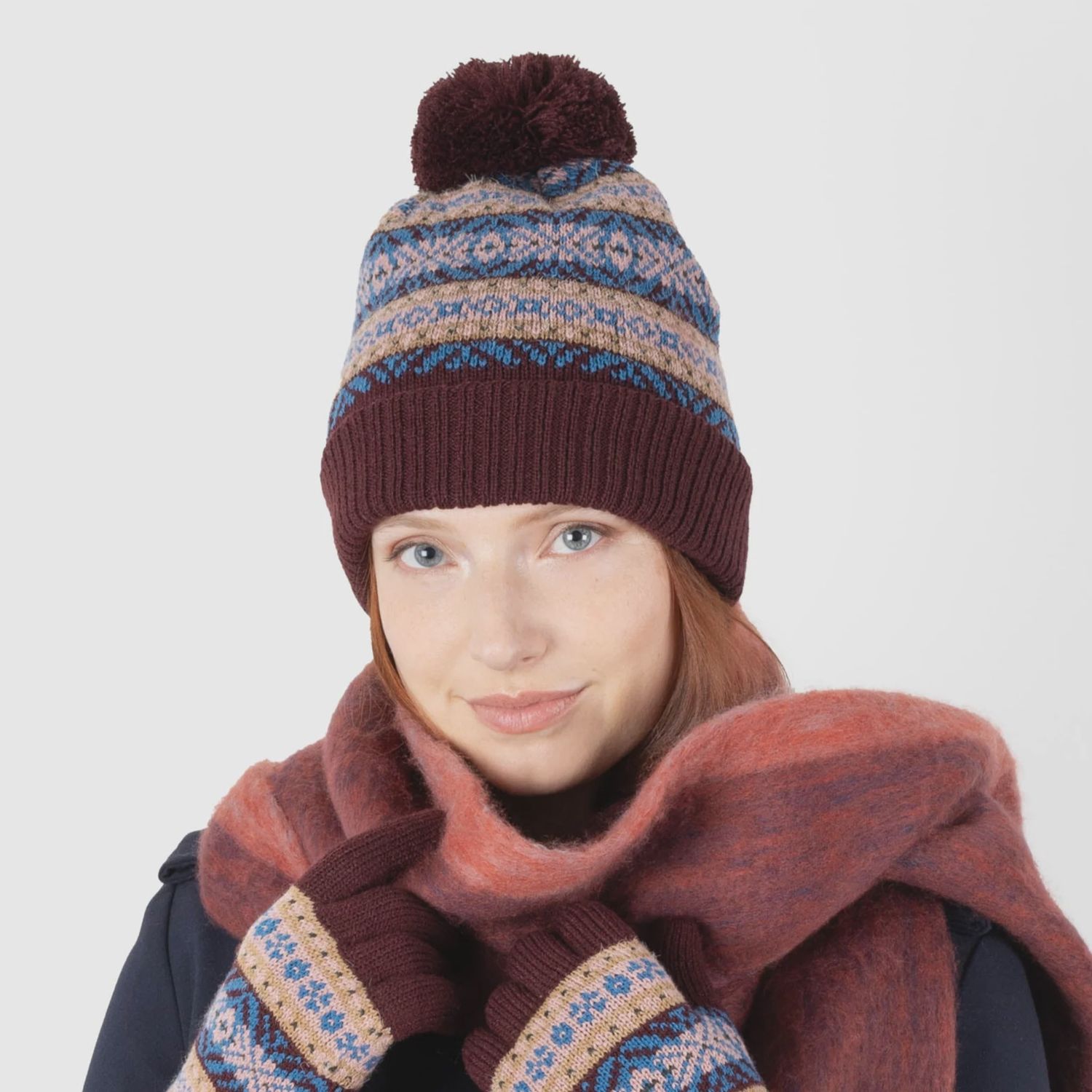 Women&#39;s Jacquard Fair Isle Knitted Bobble Hat with Yarn Pom Pom - Damson