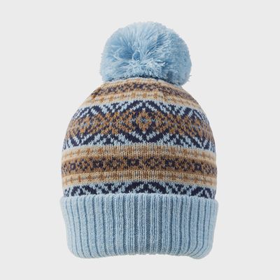 Women's Jacquard Fair Isle Knitted Bobble Hat with Yarn Pom Pom - Pale Blue-