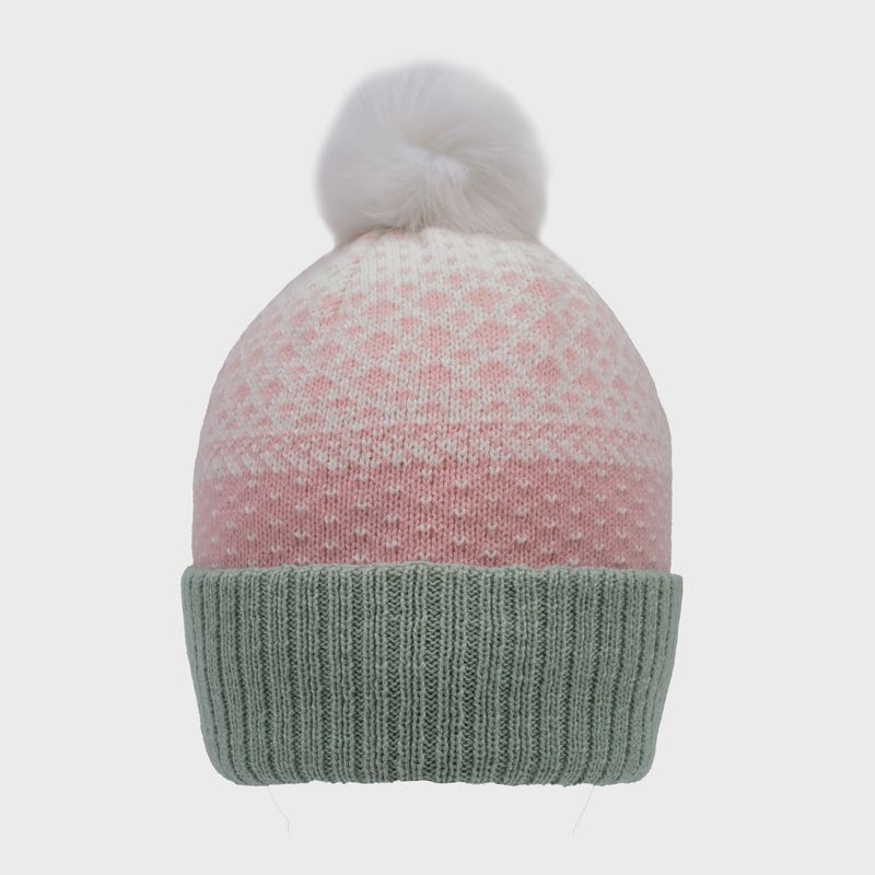 Women&#39;s Jacquard Knitted Bobble Hat with Faux Fur Pom Pom - Pink/Mint