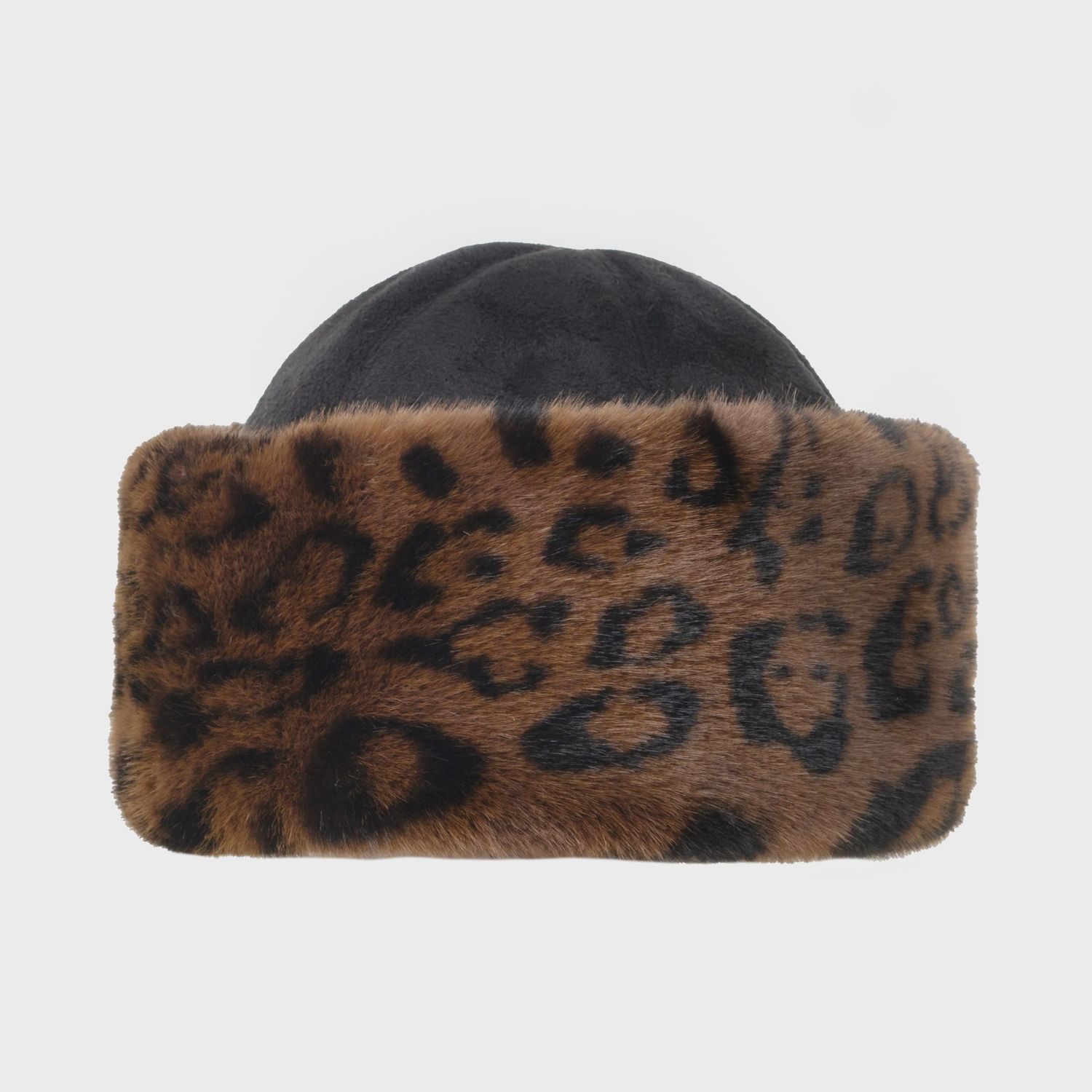 Women&#39;s Faux Suede Hat with Faux Fur Brim - Animal/Black