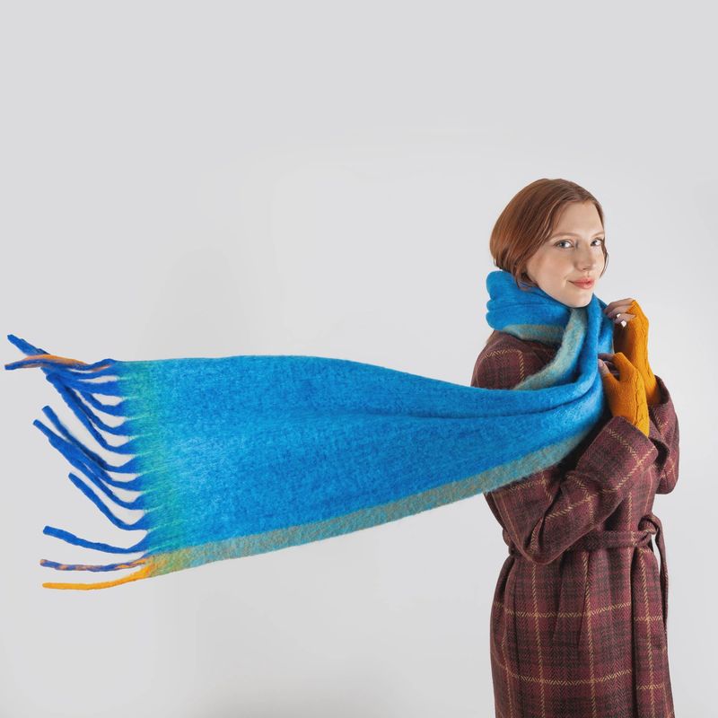 Women's Blanket Scarf with Contrast Edges and Tassels - Cobalt/Tangerine