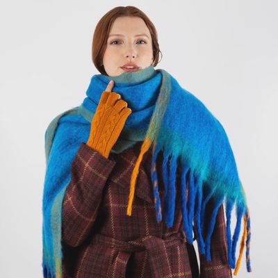 Women's Blanket Scarf with Contrast Edges and Tassels - Cobalt/Tangerine