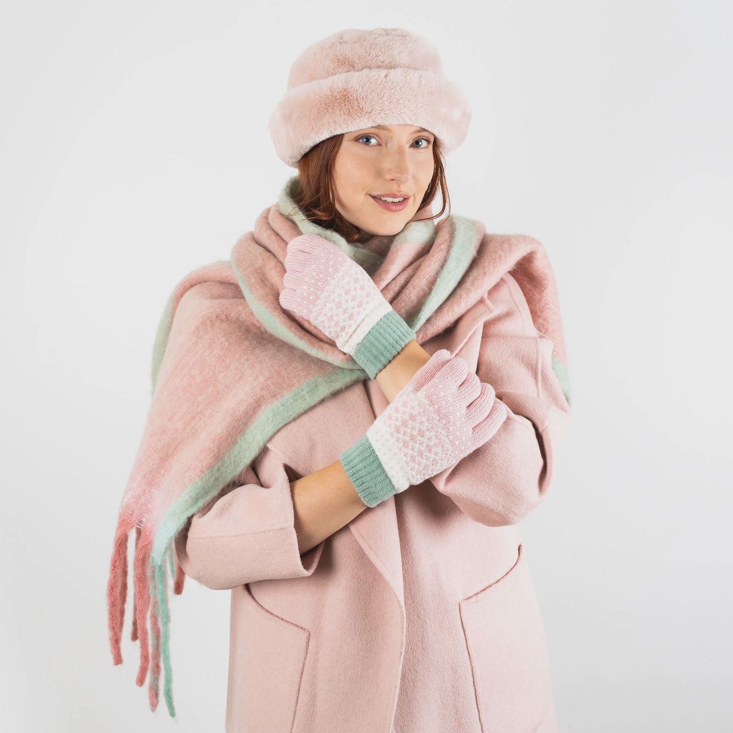 Women&#39;s Blanket Scarf with Contrast Edges and Tassels - Pale Pink/Mint