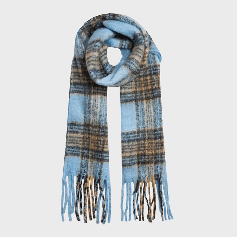 Women&#39;s Plaid Check Blanket Scarf with Tassels - Pale Blue