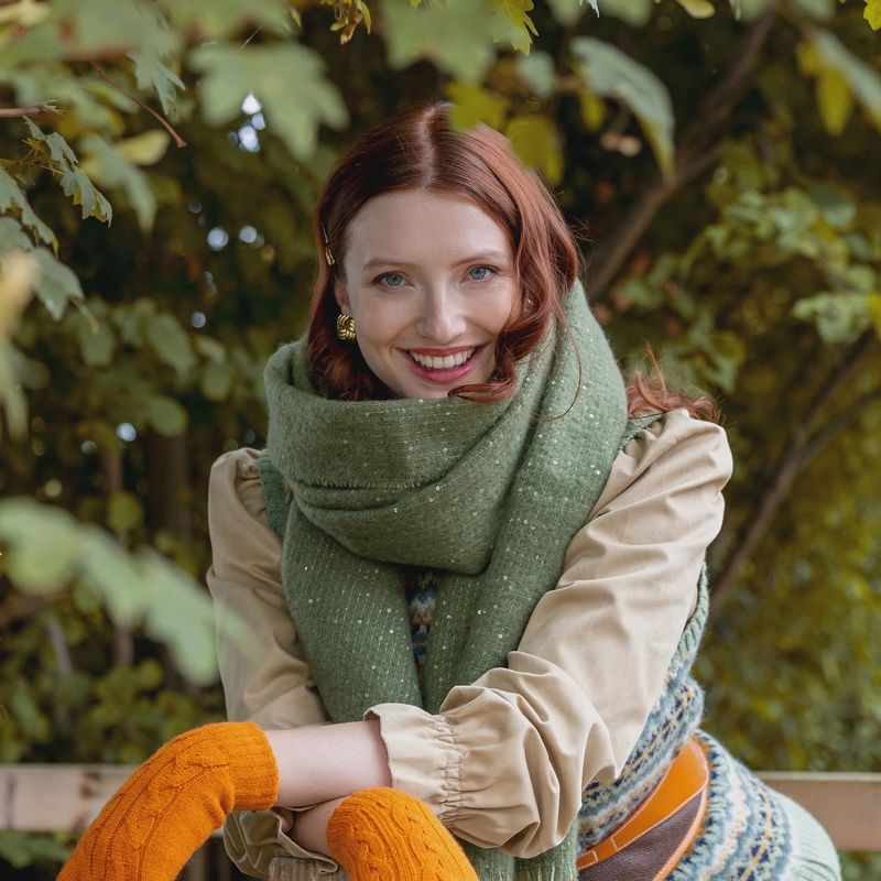 Women&#39;s Sequin Scarf with Fringe Ends - Olive