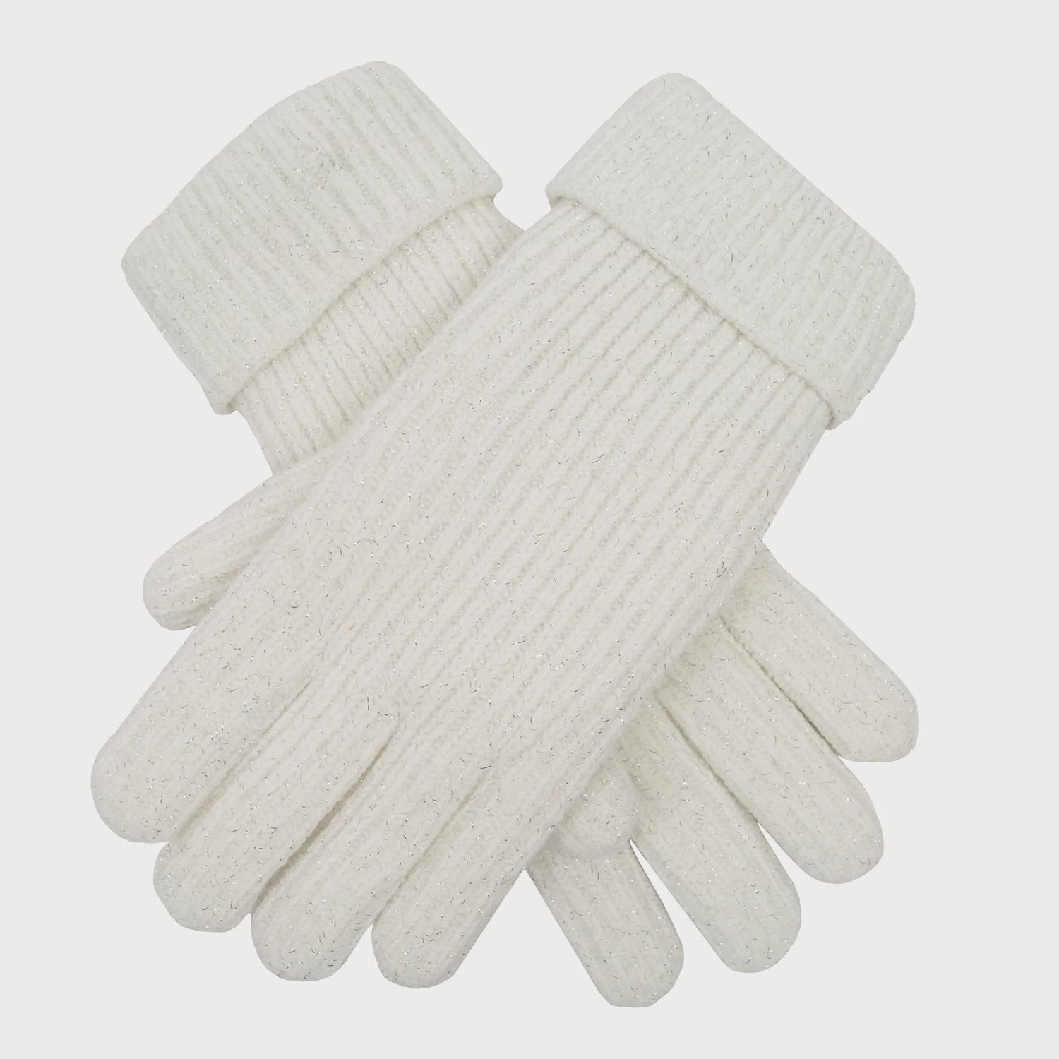 Women&#39;s Ribbed Knit Gloves with Metallic Yarn - Winter White