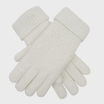 Women's Ribbed Knit Gloves with Metallic Yarn - Winter White