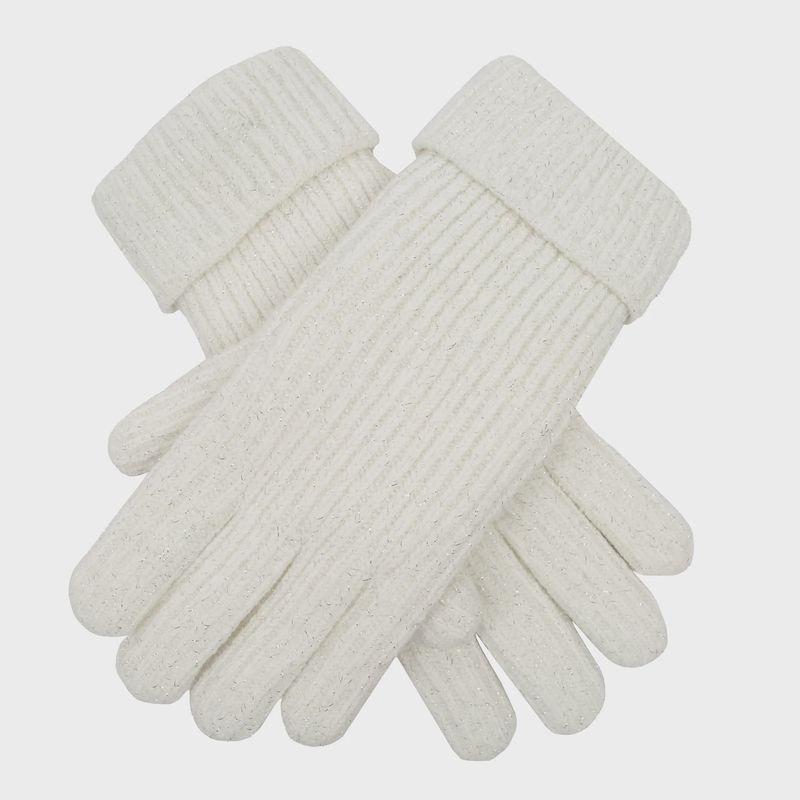 Women&#39;s Ribbed Knit Gloves with Metallic Yarn - Winter White