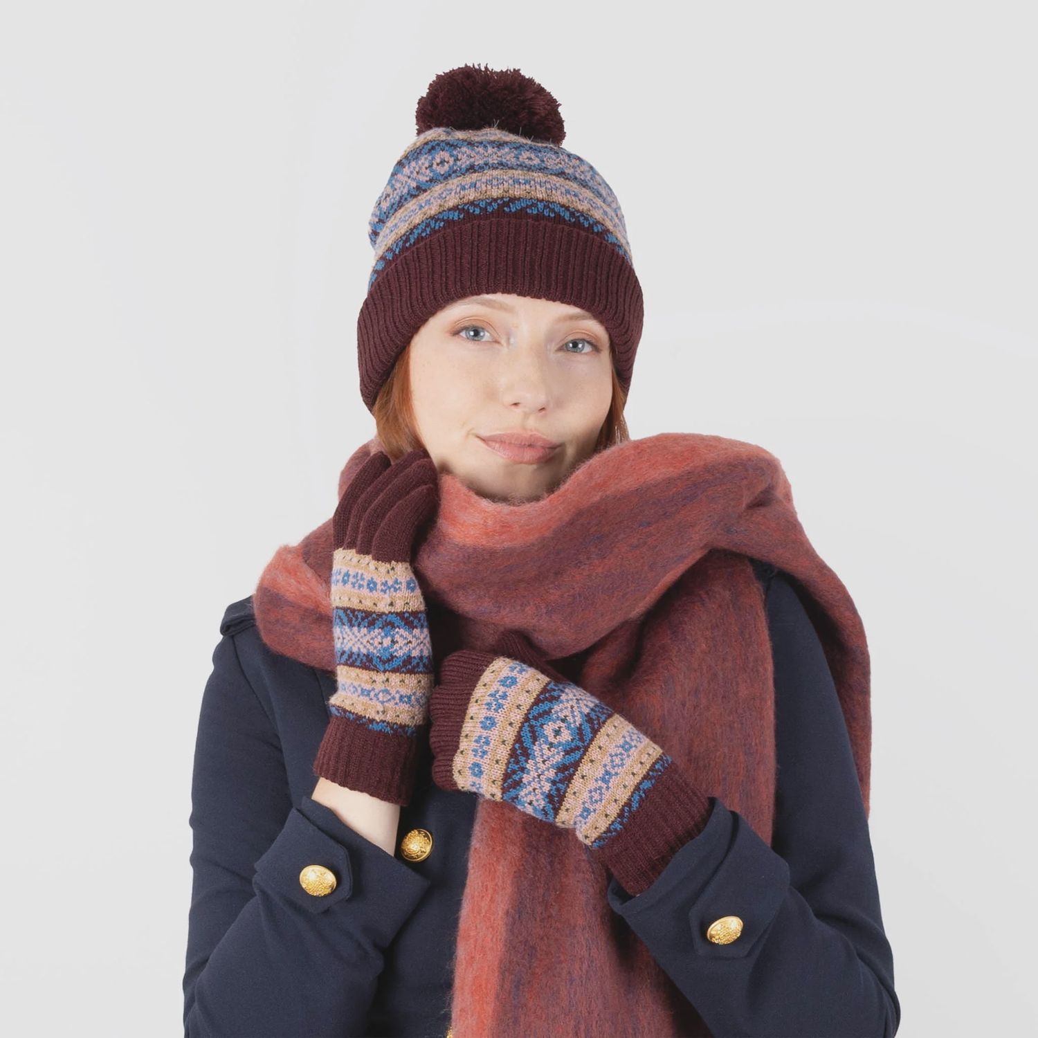 Women&#39;s Jacquard Fair Isle Knitted Gloves - Damson