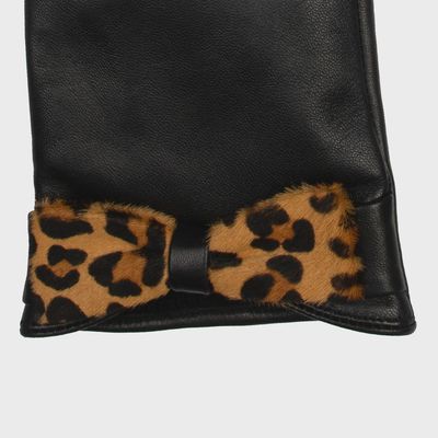 Laurie Women's Touchscreen Lined Leather Gloves with Bow - Black/Leopard