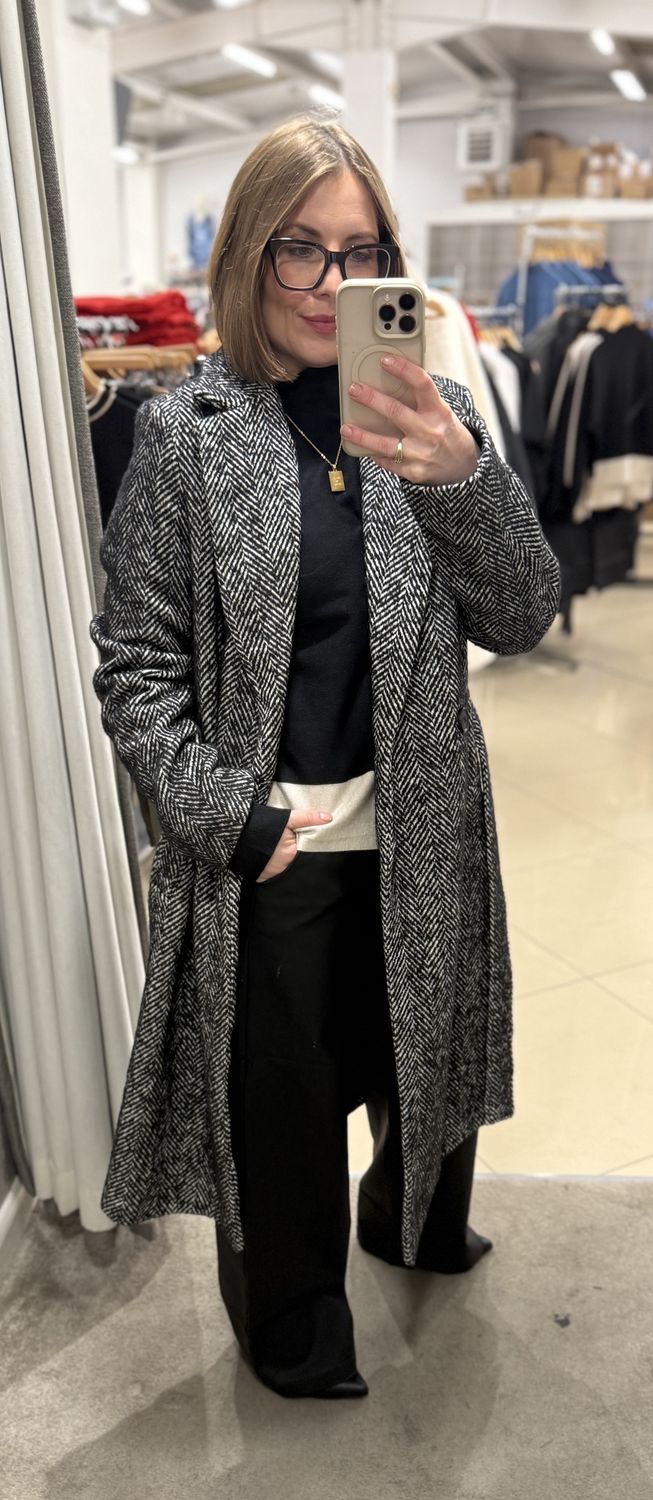 Long Herringbone Wool Blend Coat 217575