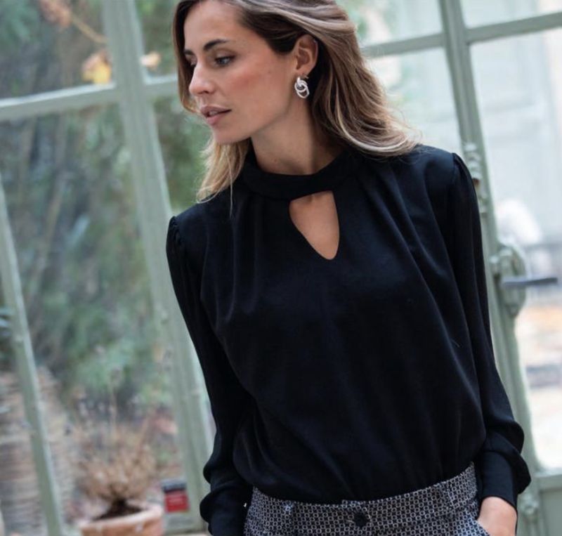 Keyhole Front &amp; Back Blouse with Sheer Sleeves - Black