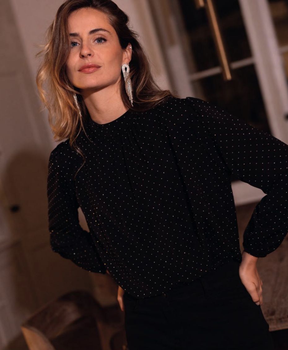 Rhinestone High Neck Blouse - Black