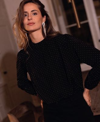 Rhinestone High Neck Blouse - Black