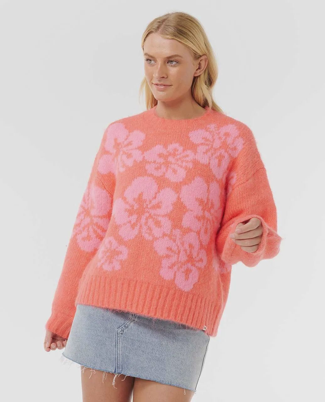 Hibiscus Heat Jacquard Crew Fleece - Watermelon