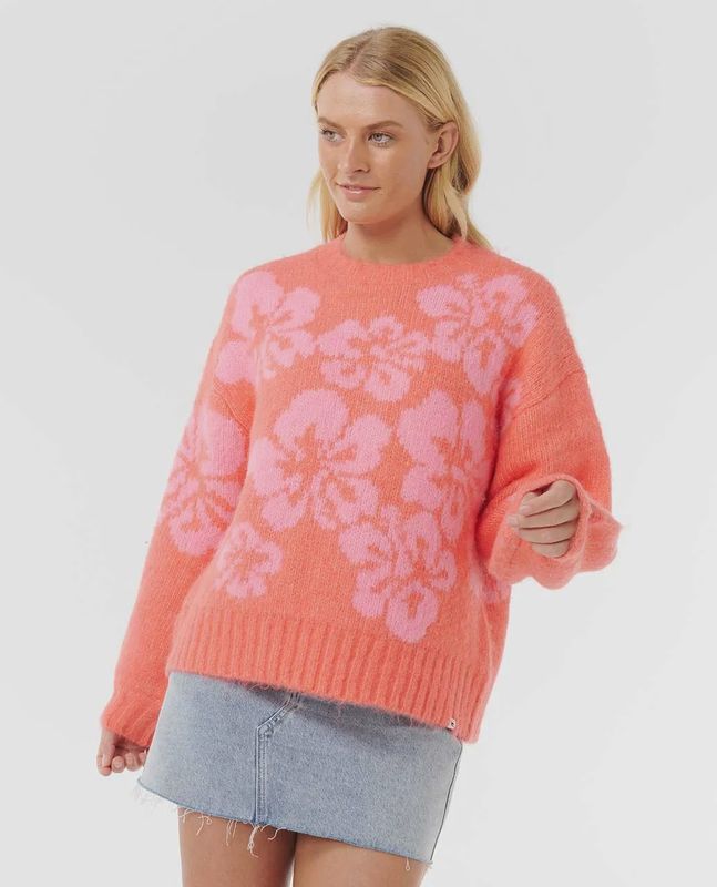 Hibiscus Heat Jacquard Crew Fleece - Watermelon