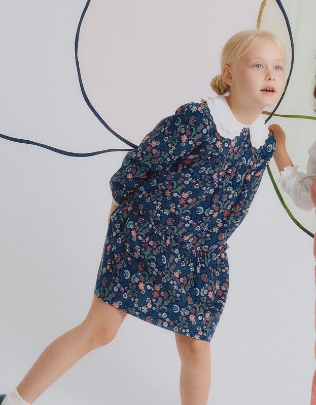 Floral Corduroy Cotton Dress for Girls &#39;B&amp;S&#39; - Blue