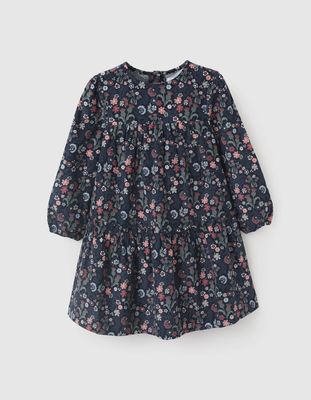 Floral Corduroy Cotton Dress for Girls 'B&amp;S' - Blue