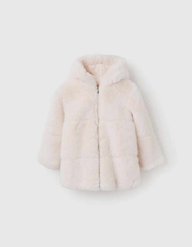 Long Hooded Coat in Faux Fur for Girls - Beige