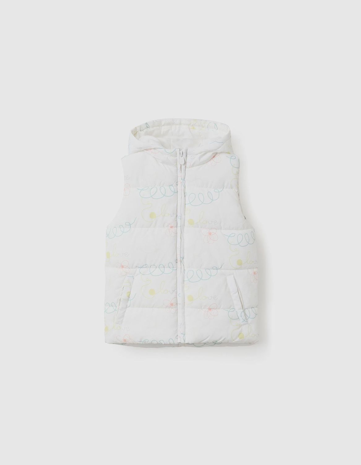 Padded Gilet with Hood &amp; Motif for Girls &#39;Love&#39; - White