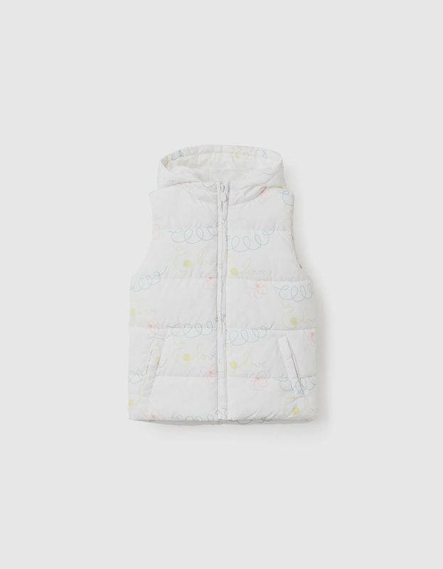 Padded Gilet with Hood &amp; Motif for Girls &#39;Love&#39; - White