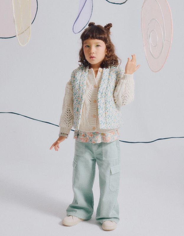 Cotton Gilet with Floral Pattern &amp; Sherpa Lining for Girls - Beige
