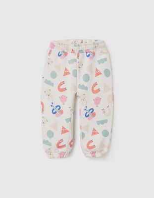 Brushed Joggers with Motif for Baby Girls 'Shapes' - White
