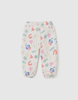 Brushed Joggers with Motif for Baby Girls 'Shapes' - White