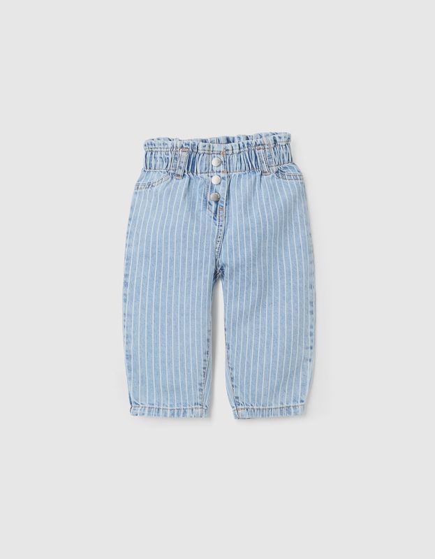 Paperbag Striped Jeans for Baby Girl - Light Blue/White