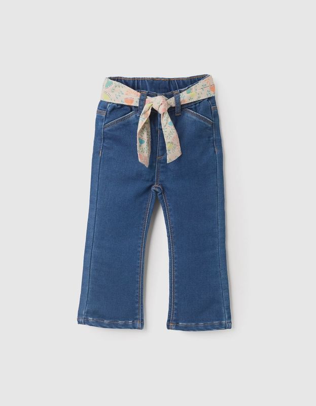 Floral Belted Jeans for Baby Girls - Blue
