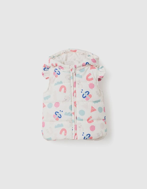 Padded Gilet with Hood and Ruffles for Baby Girls &#39;Shapes&#39; - Beige