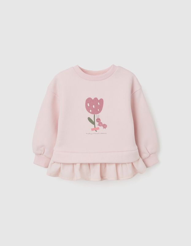 Brushed Sweatshirt with Flower &amp; Ant Print for Baby Girls - Light Pink