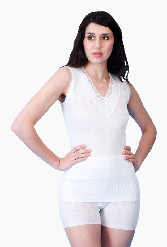 Built Up Shoulder Thermal Spencer with Lace - White