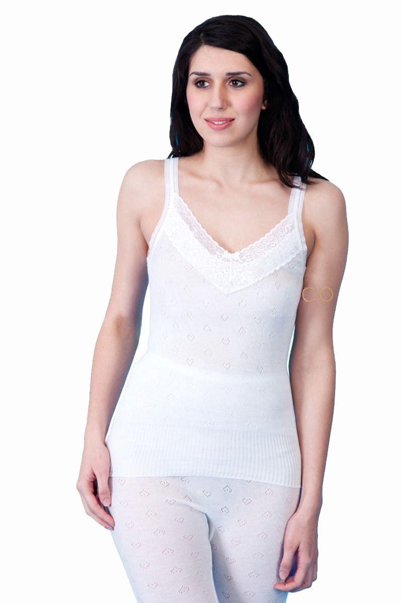 French Neck Thermal Spencer with Lace - White